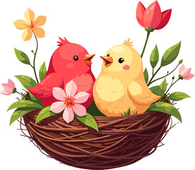 Cute bird couple in nest illustration isolated on white background, spring wildlife clipart