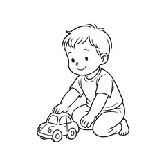 Line Drawing of Smiling Child Playing with Toy Car on White Background