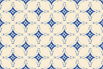Fototapeta premium Vintage Blue Geometric ceramic Tile Seamless Pattern with Dotted Ornamental Motifs. classic Mediterranean design. Ideal for textiles, home décor, fashion fabrics, and interior design projects.