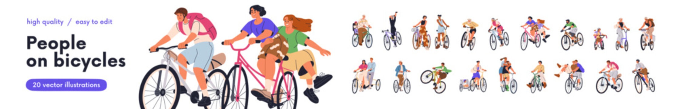 Happy people cycling on bicycles set. Active family, friends, couple riding bikes in nature, road, mountains. Cyclists travel on summer holiday. Flat vector illustrations isolated on white background.
