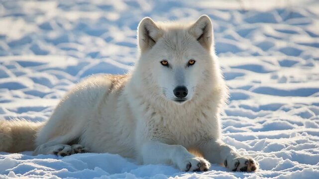 Majestic Arctic wolf resting on glistening snow under bright sunlight, displaying striking golden eyes