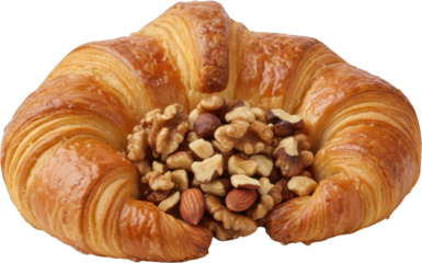 Golden brown flaky croissant pastry cradling a center filled with a rich assortment of whole and broken walnut and almond pieces Nuts Almonds Walnuts Baked