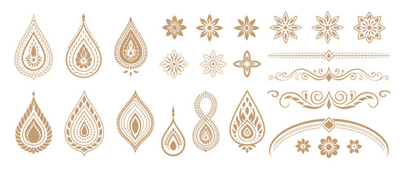 Thai Decorative Graphic Elements Collection with Golden Lotus, Flame Motifs, Kanok Patterns, and Floral Vector Ornaments for Traditional Design and Cultural Branding