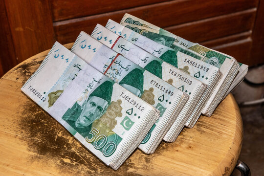 Stacks of 500 Pakistani rupees bills