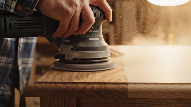 Person using power sander on wooden furniture