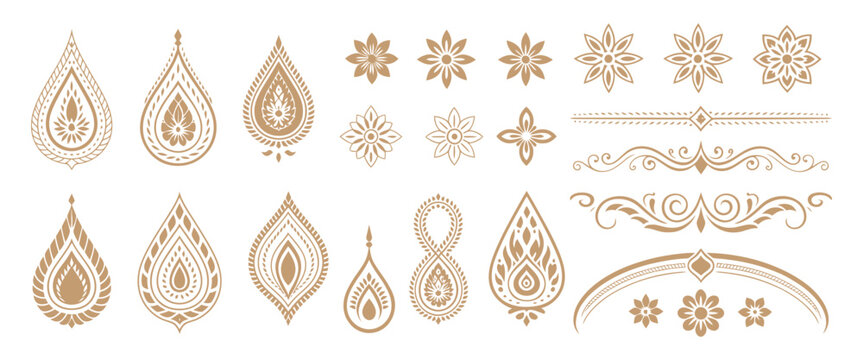 Thai Decorative Graphic Elements Collection with Golden Lotus, Flame Motifs, Kanok Patterns, and Floral Vector Ornaments for Traditional Design and Cultural Branding
