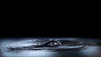 A water ring bursts rapidly out of the dark liquid creating a spectacular circular splash with flying droplets and spreading ripples - Powered by Adobe
