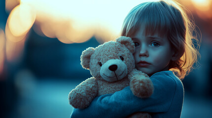 Heartfelt message for World Orphans Day featuring a child holding a teddy bear with a wistful expression in a serene outdoor setting
