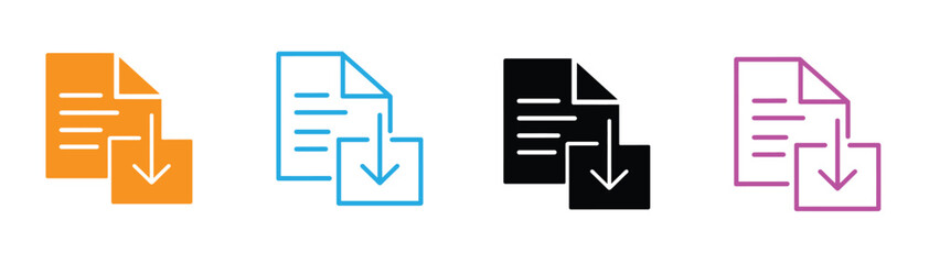 Download files icon shiny square buttons set illustration design.Colorful file download icons in orange, blue, black, and pink.