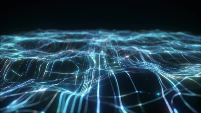 abstract digital waves flowing across dark background with glowing lines