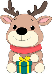 Cute Christmas Reindeer Cartoon Holding Gift Box Illustration
