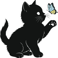 A black kitten playfully reaches out a paw to touch a colorful butterfly against a clean white background with a lighthearted mood.