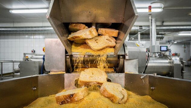 Medium shot of bread pieces being fed into an industrial grinder to create fine breadcrumbs in a factory setting.