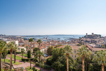 Fototapeta premium Panoramic mediterranean cityscape with coastal harbor, palm trees and blue sea under clear sky