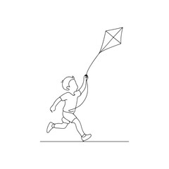 Minimalist Line Drawing of Child Running with Kite on White Background