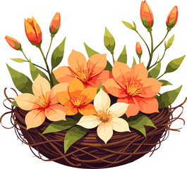 Orange flowers in nest illustration isolated on white background, spring floral clipart