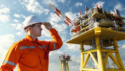 Engineer in safety gear surveys offshore oil and gas platform, representing energy production, fossil fuel industry, and energy security.