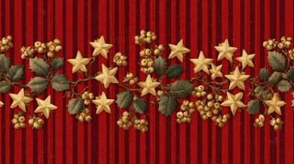 a festive holiday themed wallpaper featuring stars, flowers, and trees against a red background