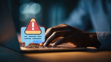 Hand of professional in shirt typing on laptop keyboard: glowing chat bubble with warning alert displays digital notification. Business workplace tech, cyber caution, online message prompt in dark