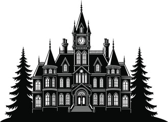 Fototapeta premium Gothic mansion silhouette, haunted house, castle vector, black clipart, line art, stock illustration, Halloween theme, eerie building, spooky icon