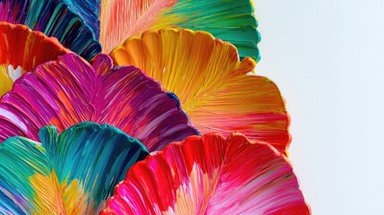 Vibrant petal artwork with thick textured brushstrokes in multicolor (red, pink, yellow, green, blue) &ndash; abstract painting, expressive paint texture, bright color palette on white background.