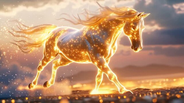  A video of a golden horse galloping, leaving a shimmering trail of golden light behind and creating a magical and powerful atmosphere.