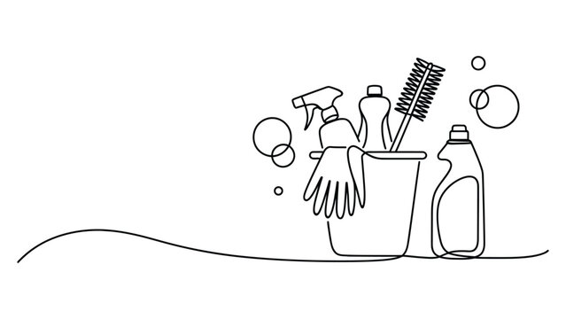 Minimal line art cleaning supplies illustration with bucket gloves brushes and bottles continuous one line drawing house cleaning concept on white background