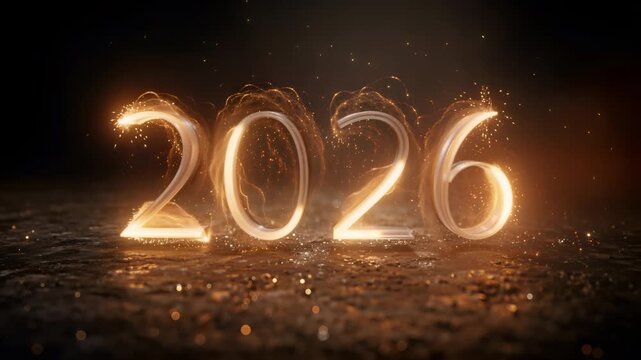 2026 greeting 3D text animation with particles and sparks on dark background, beautiful magic new year reveal effect design.