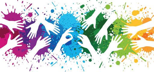 Colorful diversity hands illustration, unity teamwork concept, multicultural community paint splashes, human connection, inclusion creativity, abstract vector background design art © Itz Mehedi