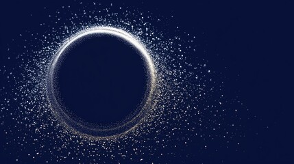 Abstract circular frame of glowing gold and white particles on dark blue background: decorative digital design, sparkling particle effect, minimalist modern graphic element for backdrop or ornament.