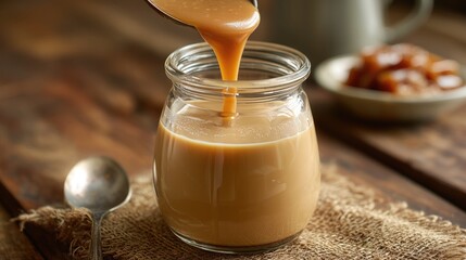 Creamy caramel sauce poured from spoon into clear glass jar: set on burlap mat over wooden table, with caramel cubes in background &ndash; rich appetizing sweet dessert topping, smooth condiment.