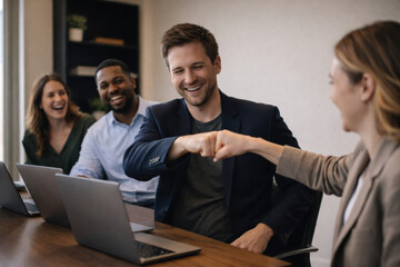 Colleagues celebrating business success with friendly fist bump in modern office