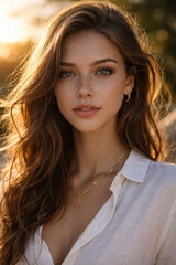 Beautiful young woman with long brown hair and stylish accessories outdoors