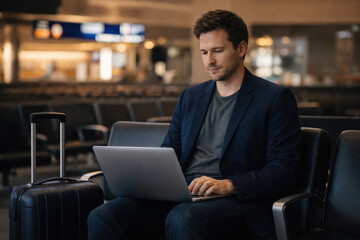 Businessman working on laptop in airport lounge