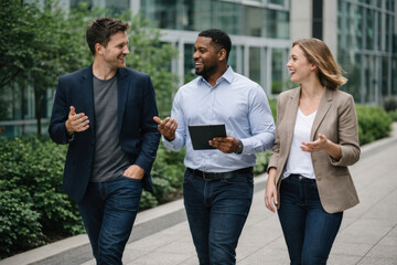 Diverse business professionals walking and discussing ideas outdoors