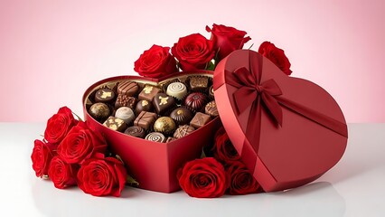 Heart-shaped box of chocolates with red roses
