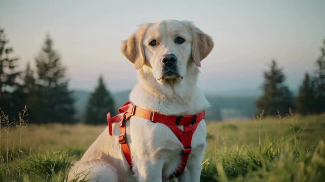 A lovable Labrador Retriever wearing a bright orange harness sits in a lush green field with trees in the background during golden hour