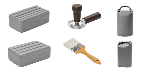 Obraz premium Gray objects including bags brushes and tools on white