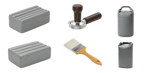 Gray objects including bags brushes and tools on white