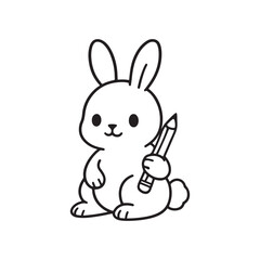 Line Drawing of Cartoon Rabbit Holding Pencil with Friendly Expression on White Background