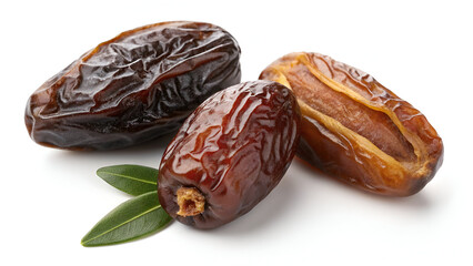 Obraz premium Organic Dried Dates with Fresh Date Palm Leaves on White Background”