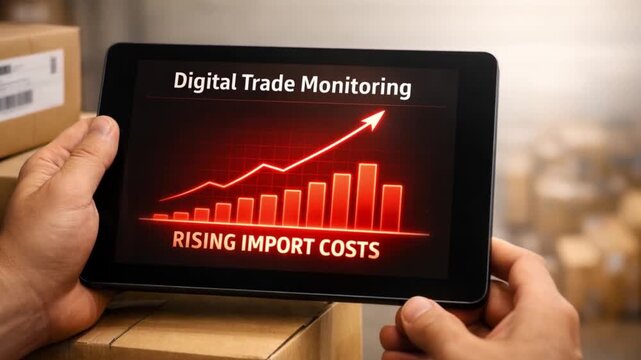 Import Tariffs policy impact concept. Digital trade monitoring on a tablet with rising import costs graphic.