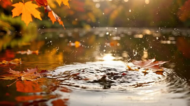 Autumn leaves floating on water