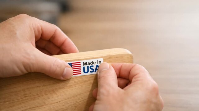 Import Tariffs policy impact concept. A person affixes a "Made in USA" label onto wood.
