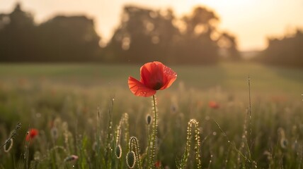 Vibrant red poppy flower in serene dew-kissed meadow at sunset