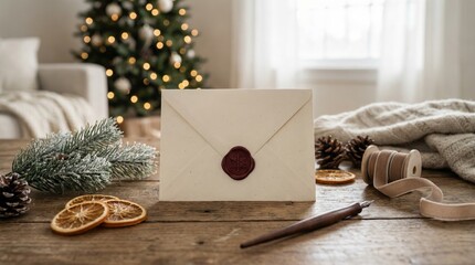 A blank envelope sealed with a red wax stamp sits on a rustic wooden table adorned with dried orange slices, pinecones, and festive decor, with a christmas tree in the background
