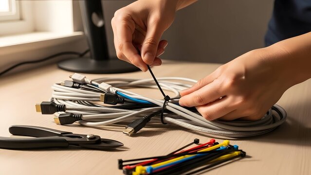 hands organizing computer cables with plastic zip ties for tech blogs, home office improvement guides, diy electronics tutorials and workplace safety presentations, with copy space
