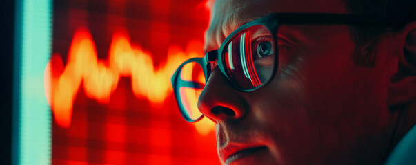 Focused man analyzing data on a red digital display.