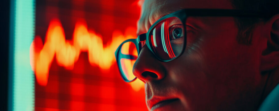 Focused man analyzing data on a red digital display. - Powered by Adobe