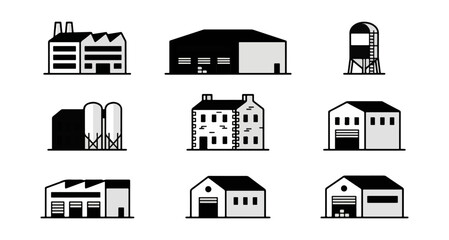 Industrial buildings silhouettes collection black backgrounds